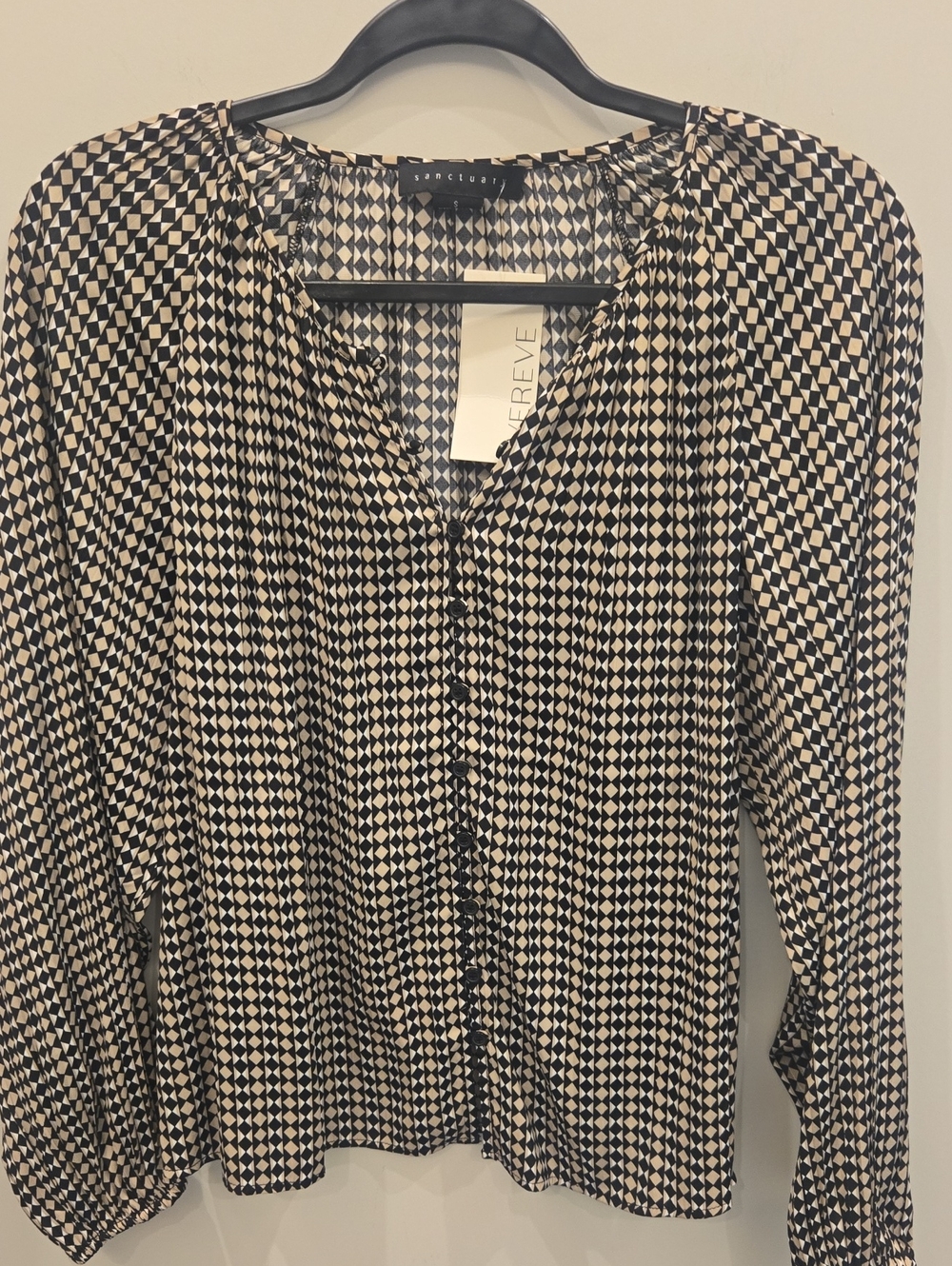 NWT Sanctuary Black & Cream Geometric Button-Front Geo Blouse. Small.